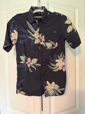 Vans Boy’s Navy Floral Short-Sleeve Button-Up Shirt, Medium
